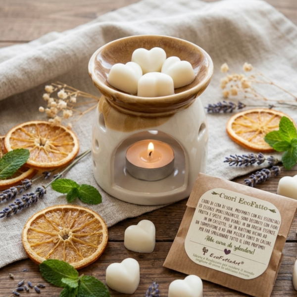 b Brucia essenze  b  in ceramica  b con cuori di cera profumati  b